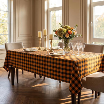 Waterproof Gingham Tablecloth, Checkered Fabric Table Cover for Kitchen Dining, Black & Orange Plaid Table Cloth, Rectangle Table Cloth for Indoor Outdoor Use, W60 x L102 in