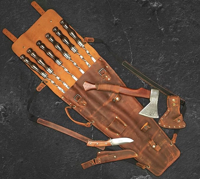 Grilling Supplies for BBQ - Outdoor Skewers Set for BBQ - Premium Barbecue Skewers Tool Sets Grill Utensils - Outdoor Grilling Set - Grill Skewers Set with Leather Case Chieftain