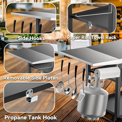 Skyflame Heavy Duty Pizza Oven Table & BBQ Prep Cart, Stainless Steel Rolling Grill Cart with Lockable Wheels, 3 Shelf Outdoor Workstation for Griddle/Patio – 170 lbs, No Wobble