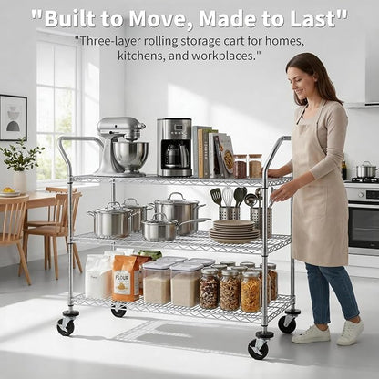 Finnhomy 3-Tier Commercial Grade Rolling Cart, Heavy Duty Utility Carts with Wheels and Handles, Kitchen Trolly on Wheels, Metal Serving Shelves with 700 lbs Capacity, Shelf Size 24" D x 48" W, NSF