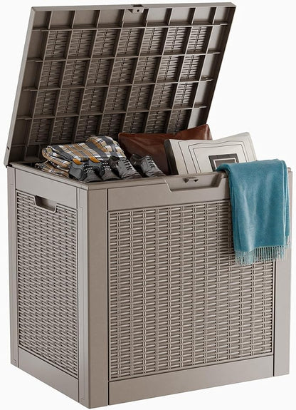 PatioZen 31 Gallon Wicker Pattern Resin Deck Box, Lockable Patio Outdoor Storage Box for Furniture, Garden Tools and Tools Storage, Waterproof Outside Storage Box (Grey)