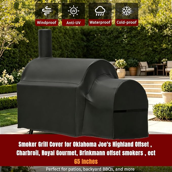 SHINESTAR 600D Oxford Grill Cover for Oklahoma Joe's Highland Offset | Premium Smoker Cover Waterproof & Heavy Duty for Oklahoma Joe's Charcoal Offset Smoker, 65"L x 31" W x 45" H