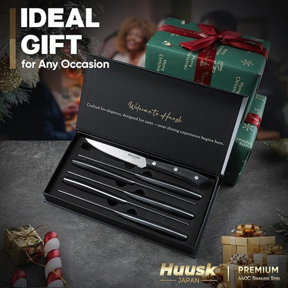 Huusk Steak Knives Set of 6, Sharp Serrated Steak Knives with Full Tang Handle, Japanese Stainless Steel Stake Knife Set for Dinner Kitchen Table, Birthday Gifts Box for Men Women