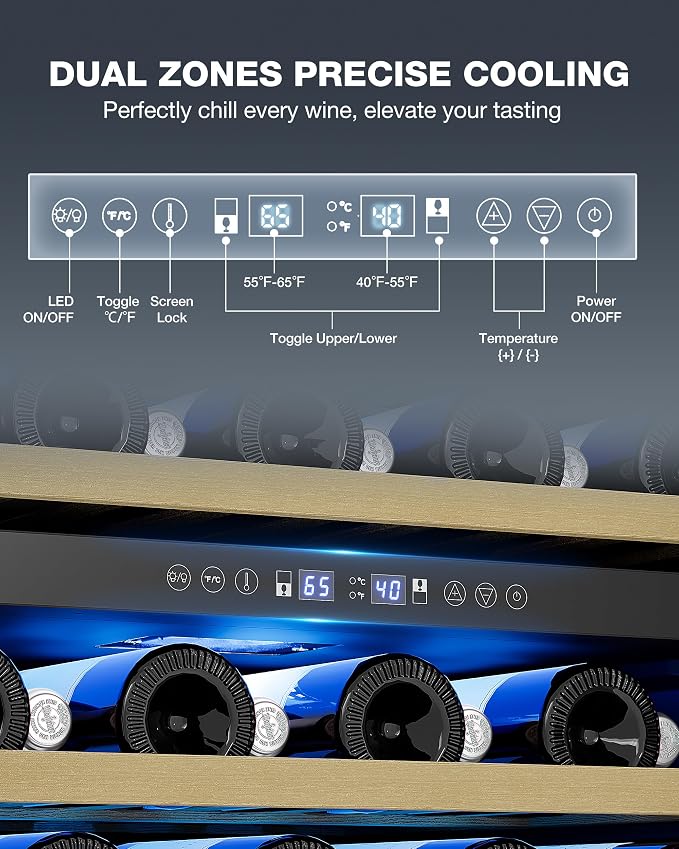 24 Inch Dual Zone Wine Fridge, 55-Bottle Wine Fridge Under Counter with Glass Door for Built-In or Freestanding, Wine Cooler Refrigerator with Removable Wooden Shelves, for Home/Bar/Office (Black)
