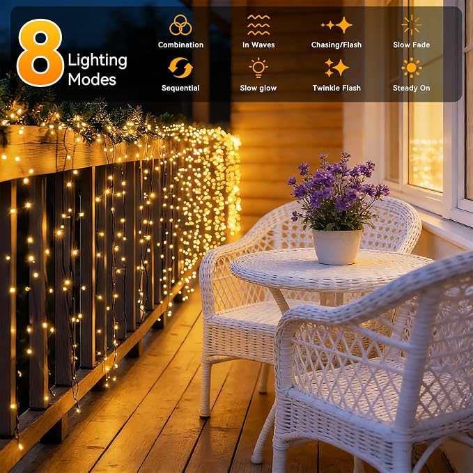 Solar String Lights Outdoor Waterproof 2 Pack Total 66ft 200LED Warm White | 8 Modes Twinkle Lights Solar Fairy Lights for Patio, Garden Yard Party Wedding Tree Christmas Halloween Decoration