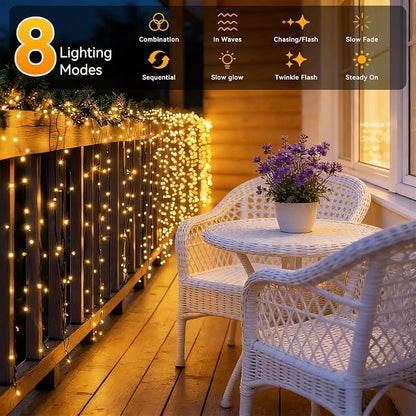 Solar String Lights Outdoor Waterproof 2 Pack Total 66ft 200LED Warm White | 8 Modes Twinkle Lights Solar Fairy Lights for Patio, Garden Yard Party Wedding Tree Christmas Halloween Decoration