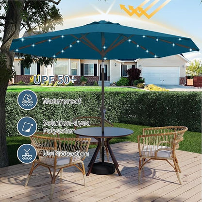 9FT Patio Umbrella with Solar Lights,Outdoor Market Umbrella with Tilt and Crank, LED Lighted Table Umbrella for Garden,Deck,Backyard,Pool,Beach (Lake Blue)