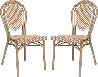 Flash Furniture Lourdes Indoor/Outdoor Commercial Thonet French Bistro Stack Chair - NAT/White PE Rattan Back and Seat - Light Natural Bamboo Print Metal Frame - 2 PK