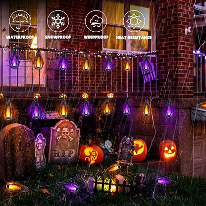 iBaycon 27FT 10 LED Solar Flame Halloween String Lights, Warm White+Purple | Ultra-Real Flickering Flame Lamp Outdoor Waterproof, Solar Patio String Lights for Garden Yard Lawn Halloween Decorations
