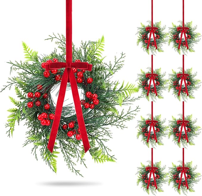 Suncalla 8 Pcs 11 Inch Mini Christmas Cabinet Wreath for Kitchen Christmas Berry Hanging Cabinet Wreath Decor with Red Bow Artificial Pine Candle Ring for Xmas Door Fireplaces Table Centerpiece