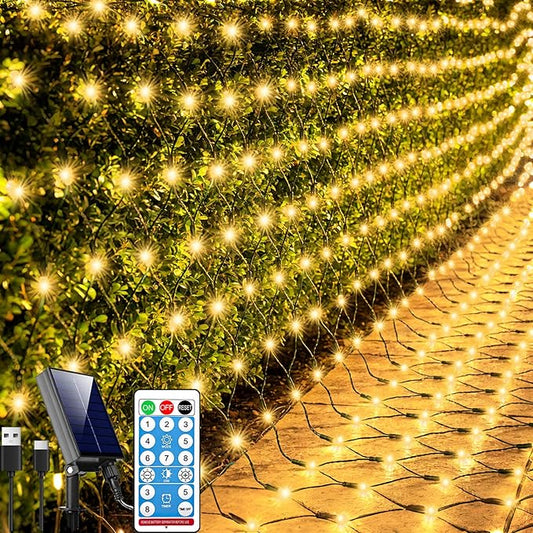 Lovelite 11.5ft x 5ft Solar Net Lights Outdoor, 240LED Christmas Mesh Lights Solar & USB Powered, Waterproof String Lights 8 Modes Green Wire for Bushes Patio Garden Holiday Party Decor (Warm White)