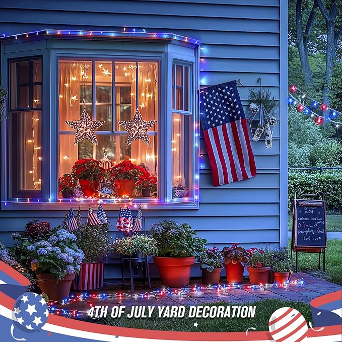 JMEXSUSS 400 LED Red White and Blue String Lights Outdoor, Plug in | 132FT 4th of July Lights Indoor, 8 Modes Patriotic String Light for Memorial Day Independence Day Decoration, with Remote
