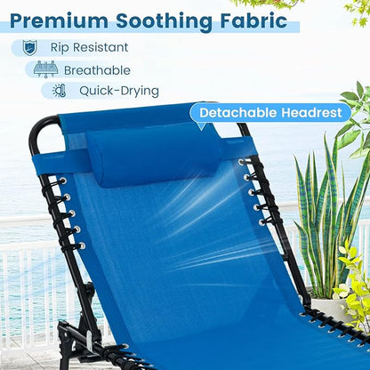 COSTWAY Folding Chaise Lounge Chair, Foldable Pool Lounger with 4-Position Adjustable Backrest, 2-Position Footrest & Soft Pillow, Patio Tanning Chair for Beach, Poolside (1, Navy)