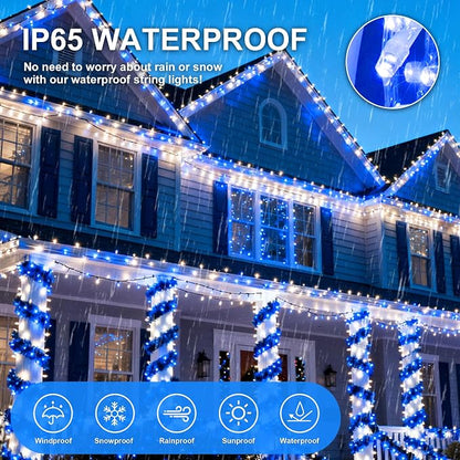 Blue White Christmas Fairy String Lights, 165FT 500L Indoor Outdoor | 8 Modes with Memory, IP65 Waterproof, Clear Wire, Tangle-Free Design for Bedroom Garden Wedding Wall Tree Party