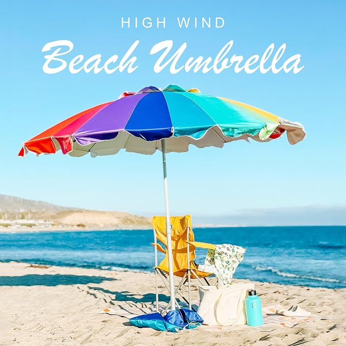 AMMSUN 7.5ft Large Heavy Duty HIGH Wind Beach Umbrella with sand anchor & Tilt Sun Shelter, UPF 50+ Protection Outdoor Umbrellas Sunshade with Carry Bag for Patio Garden Pool Backyard Rainbow
