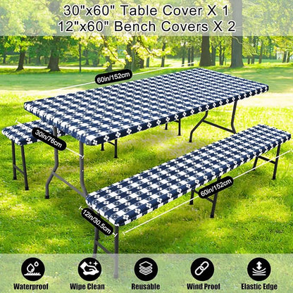 Smiry Picnic Table Cover with Bench Covers, Waterproof Elastic Fitted Tablecloth for 5 Foot Tables, Washable Polyester Tablecloths for Camping & Indoor (Dark Blue & White, 30x60 Inch 3-pc Set)