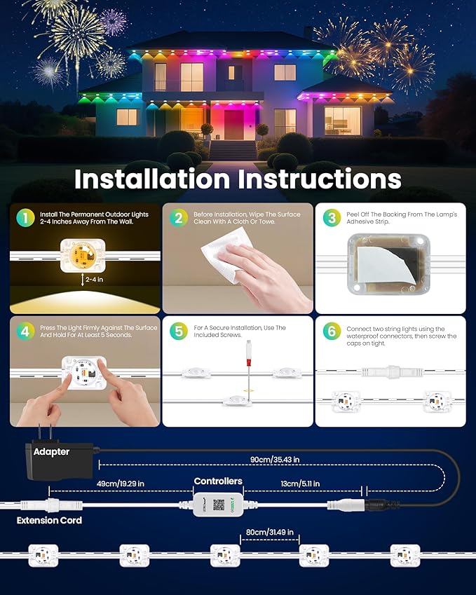 KISUFU 100FT Permanent Outdoor Lights for House, 24V Smart Outside Lights with 221 Modes, App & Remote Control, IP68 Waterproof, Year-Round Roof & Eaves Lighting for Holidays (100FT)