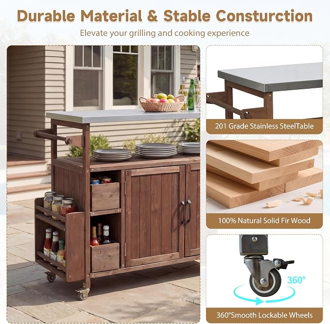 Christopher Knight Home Edsel Outdoor Bar Cart with Stainless Steel Top and Lockable Wheels, Solid Wood Outdoor Storage Cabinet, Kitchen Island Serving Cart for Poolside, Garden, Brown+Silver