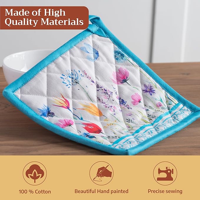 Maison d' Hermine Pot Holders 100% Cotton Heat Resistant Potholders 8" x 8" Hot Pads with Loop BBQ Baking Hotel Farmhouse Kitchen Handling Hot Pans Spring Summer (Pack of 1, Flower in The Field)