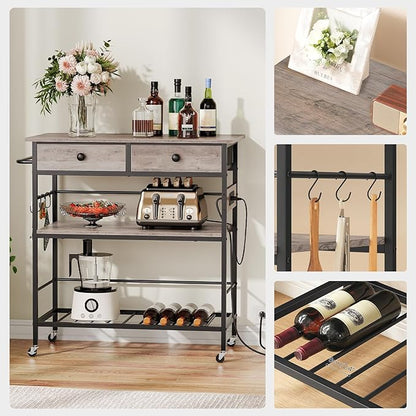 HOOBRO Kitchen Island with Storage, Rolling Island Cart for Kitchen with 2 Drawers & Outlet, 3 Tier Coffee Station and Microwave Stand, Kitchen Island Table for Home, Greige BG08UZD01