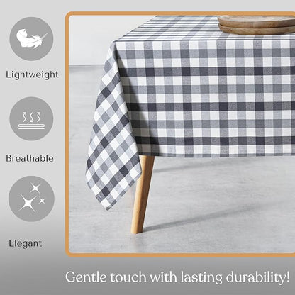 Gingham Checked Tablecloth, 100% Cotton, 60"x102", Durable & Washable Table Cover for Dining, Picnic, Farmhouse Kitchen, Indoor Outdoor Use - Dark Grey, Light Grey, Natural