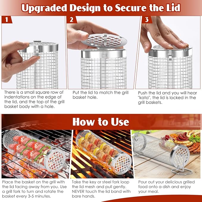 Grill Baskets for Outdoor Grill- 2 PCS, Rolling Grilling Basket, Stainless Steel BBQ Grill Mesh Grilling Accessories for Fish, Shrimp, Meat, Veggies, Fries, Grilling Gift for Men Dad Husband