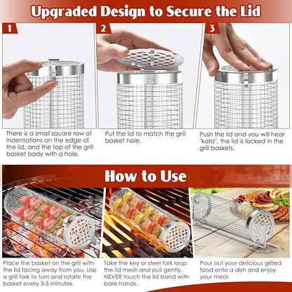Grill Baskets for Outdoor Grill- 2 PCS, Rolling Grilling Basket, Stainless Steel BBQ Grill Mesh Grilling Accessories for Fish, Shrimp, Meat, Veggies, Fries, Grilling Gift for Men Dad Husband