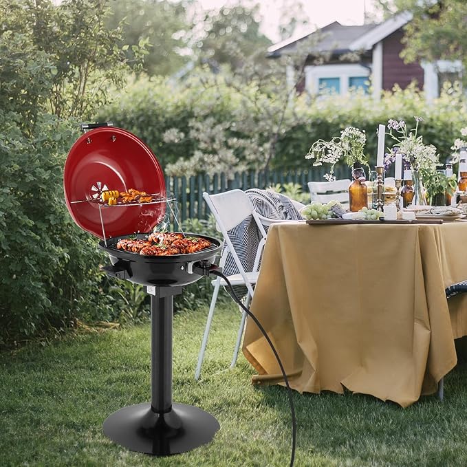 Electric BBQ Grill 1600W Indoor/Outdoor Electric Grill for Indoor & Outdoor Use,Portable Removable Stand Grill (Red)