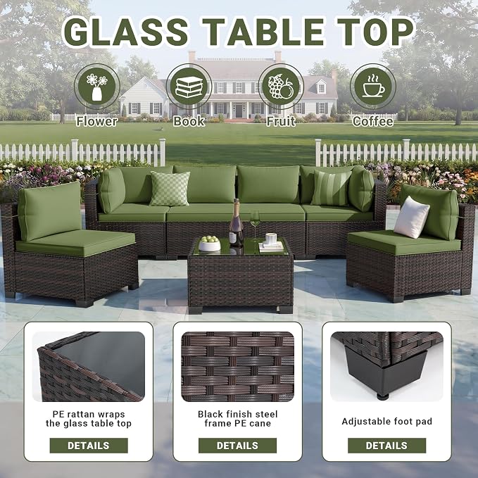 LAFWELL 7 Pieces Outdoor Patio Furniture Sets,Rattan Conversation Sectional Set,Manual Weaving Wicker Patio Sofa with Tea Table