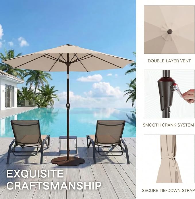 Kingdura 9FT Outdoor Patio Umbrella, Round Market Table Umbrella with Push‑Button Tilt and Crank Lift, 8 Sturdy Metal Ribs, UV50+ Protection Canopy for Backyard, Lawn, Deck, Poolside, Garden (Beige)