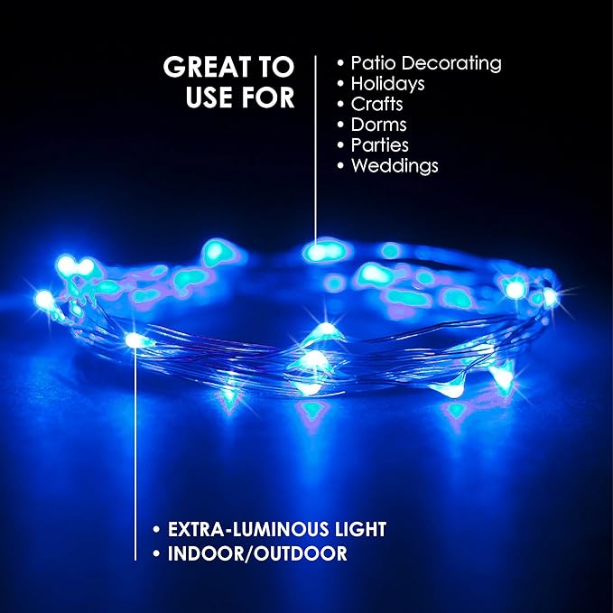 2-Pack 20 LED Wire Twinkle Fairy Lights, Battery Powered, Waterproof — Christmas, Holidays, Wedding, Party — Bedroom, Living Room — 6.5 Ft, Blue, Indoor & Outdoor