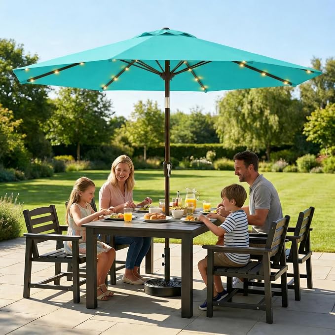11FT Solar Lighted Patio Umbrella, Outdoor Table Market Umbrellas with Crank Lift, 32 LED Lights, 8 Sturdy Ribs, UV-Resistant for Deck, Garden, Pool