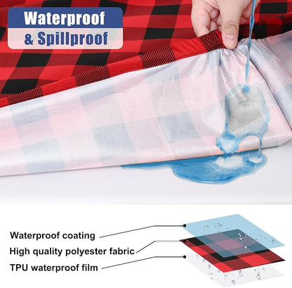 Smiry Picnic Table Cover with Bench Covers, Waterproof Elastic Fitted Tablecloths for 8 Foot Rectangle Tables, Washable Buffalo Plaid Tablecloth for Camping, Outdoor & Christmas (Black & Red, 30"x96")