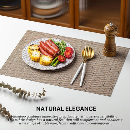 LEXMORE Placemats Set of 8 Vinyl/Plastic Woven Place Mats for Kitchen Table Indoor/Outdoor Washable Placemat Wipeable Dining Table Mats(Light Brown)