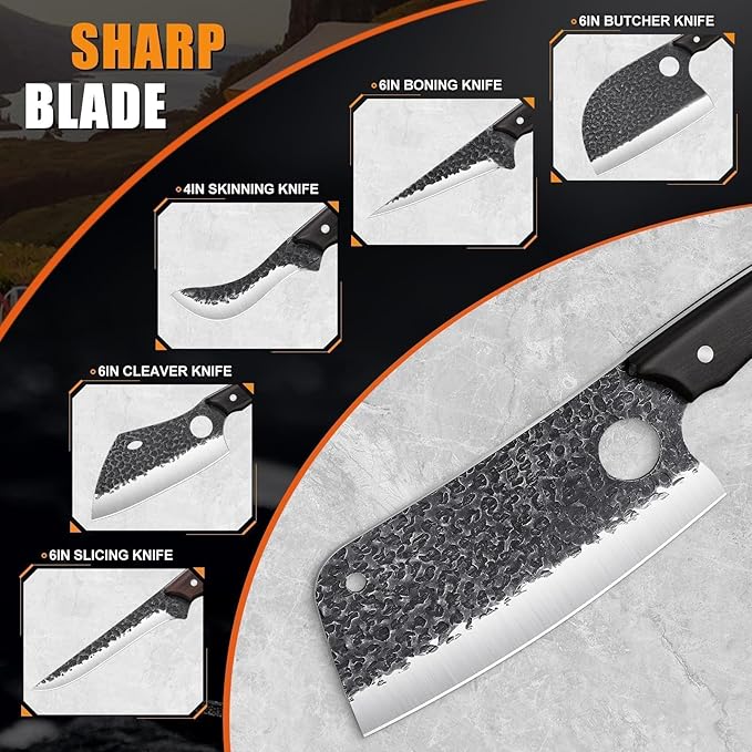 TAN REN 17PCS Butcher Knife Set with Bag, High Carbon Steel BBQ Knife Set for Meat Cutting, Hand Forged Serbian Chef Knives for Men Home & Outdoor Cooking