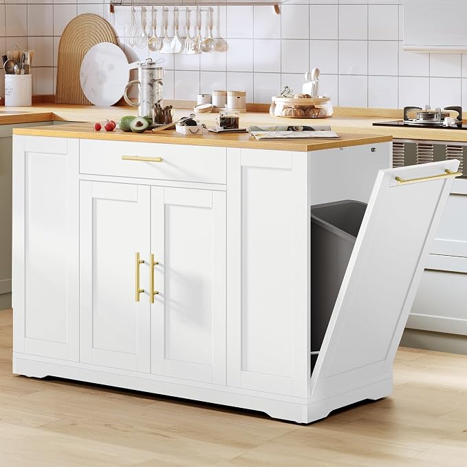 YITAHOME 53 inch Movable Kitchen Island with Trash Can Storage Cabinet | Portable Mobile Islands with Wheels for 13 Gallon Garbage Bin, White Oak