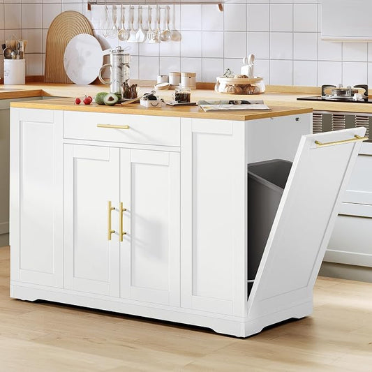 YITAHOME 53 inch Movable Kitchen Island with Trash Can Storage Cabinet | Portable Mobile Islands with Wheels for 13 Gallon Garbage Bin, White Oak