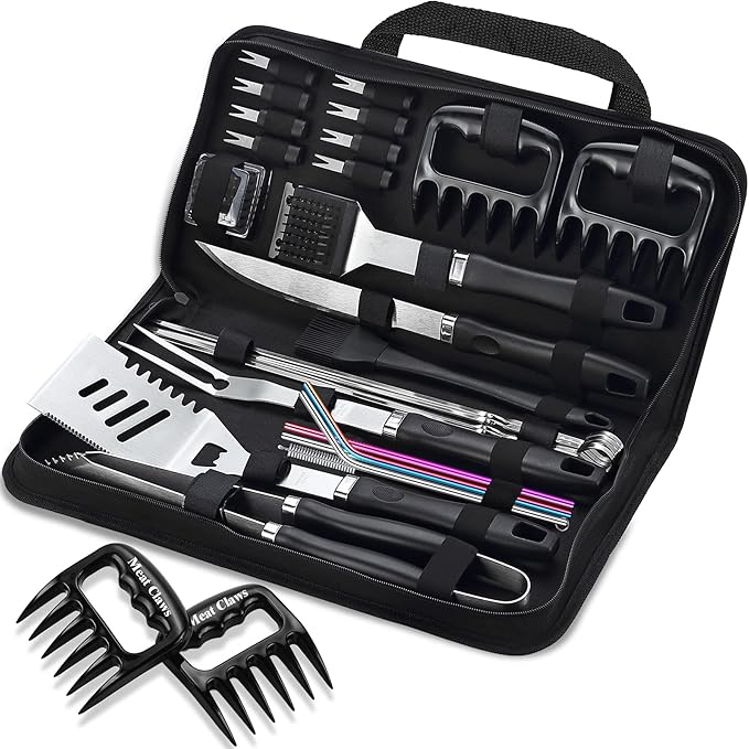 ROMANTICIST 27pcs Heavy Duty Grilling Gifts for Men Dad Fathers Day, Extra Thick BBQ Accessories Tools Set, Stainless Steel Grill Utensils Kit with Meat Claws,Canvas Bag for Outdoor Camping Black