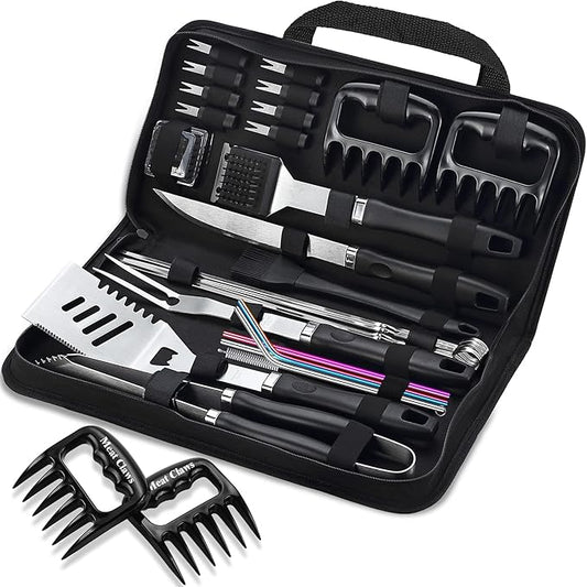 ROMANTICIST 27pcs Heavy Duty Grilling Gifts for Men Dad Fathers Day, Extra Thick BBQ Accessories Tools Set, Stainless Steel Grill Utensils Kit with Meat Claws,Canvas Bag for Outdoor Camping Black