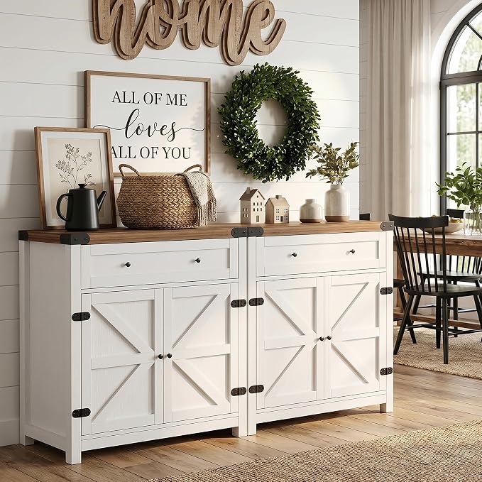 YESHOMY Kitchen Storage Cabinet, Coffee Bar Cabinet, Farmhouse Sideboard Buffet with Storage, Barn Door Accent Cabinet with a Drawer and Adjustable Shelf for Dining Room, Entryway, Rustic White, 2 PCS