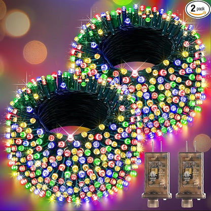 Hezbjiti 2 Pack 1000 LED 403 FT Christmas String Lights Outdoor, 8 Lighting Modes IP44 Waterproof Fairy Lights with Timer and Dimmable Function for Party Tree Decorations (Multicolor, Green Wire)