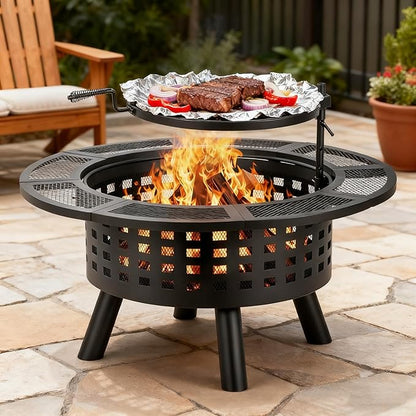 Verdeluxe 36 inch Outdoor Fire Pit with Grill,Wood Burning Fire Pits for Outside with Lid & Fire Poker,Metal 3-in-1 Firepit Table with Cooking Grate,Outdoor Firepit for Yard,Bonfire,Patio(Charcoal)
