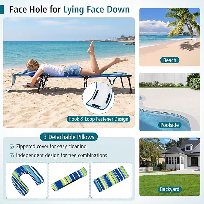 GYMAX Tanning Chair, Folding Lounge Chairs with Face Hole & Cover, Removable Pillow Carry Handle, Portable Compact Outdoor Layout Recliner for Beach, Poolside, Lawn, Patio, Camping (Blue Stripe,2)
