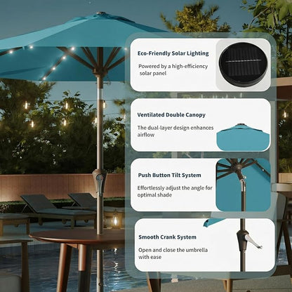 10FT Solar Umbrella 32 LED Lighted Patio Umbrella Table Market Umbrella w/Tilt and Crank, UV-Resistant Outdoor Umbrella for Pool, Garden, Deck, Sky Blue