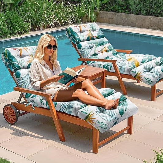 2 Pack Outdoor Chaise Lounge Chair Cushion 75.1 x 22.8 x 4.7 Inches 100% Waterproof Replacement Cotton Patio Pool Lounge Chair Cushion for Outdoor Furniture with Ties,Yellow-Green Leaf