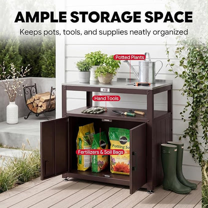 Feasto Metal Outdoor Potting Bench with Storage Cabinet for Garden Work | Durable Metal Cabinet & Stainless Steel Top, Open Middle Shelf, Raised Edge & Adjustable Feet, for Patio, Lawn & Greenhouse