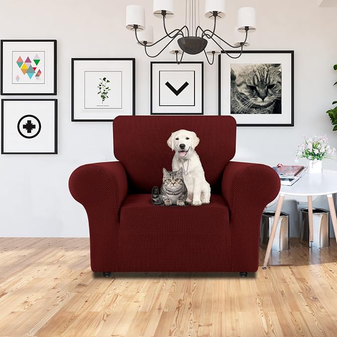 LURKA Stretch Chair Cover for Sofa, 1 Piece Armchair Slipcover, Dark Red | Soft Stretch Jacquard, Fits 31"-55" Armchairs, Elastic Bottom for Secure Fit, Machine Washable, Pet & Kid Friendly