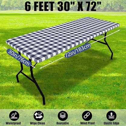 Smiry Picnic Table Cloth 2 Pack, Waterproof Elastic Fitted Tablecloths for 6FT Rectangle Tables, Washable Polyester Buffalo Plaid Tablecloth for Camping, Dining & Outdoor (Navy & White, 30" x 72")