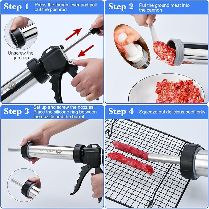 3rd Gen 2.1 LB Professional Jerky Gun Kits, Sausage Stuffer, Stainless Steel Jerky Maker, Jerky Shooter, Beef Jerky Making Gun with 5 Nozzles, 1 meat pusher and 5 Cleaning Brushes