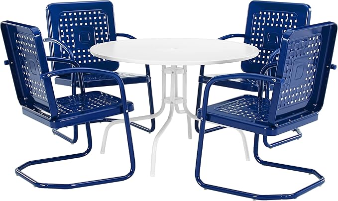 Crosley Furniture Bates 5-Piece Outdoor Dining Set for 4, Retro Metal Round Patio Table and Chairs for Deck, Navy Gloss
